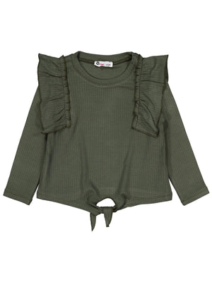 Civil Kız Çocuk Omuz Fırfırlı Sweatshirt | Raporlu İnterlok Uzun Kol | Okul Kreş ve Günlük Kullanım - Haki