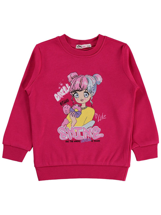 Civil Kız Çocuk Anime Baskılı Sweatshirt | İnterlok Uzun Kol | Okul Kreş ve Günlük Kullanım - Fusya