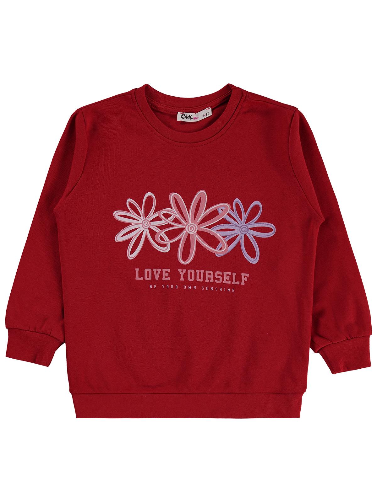 Civil Kız Çocuk Renkli Çiçek Sweatshirt | İnterlok Uzun Kol | Okul Kreş ve Günlük Kullanım - Kırmızı