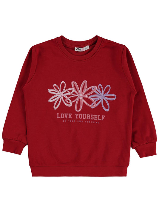 Civil Kız Çocuk Renkli Çiçek Sweatshirt | İnterlok Uzun Kol | Okul Kreş ve Günlük Kullanım - Kırmızı