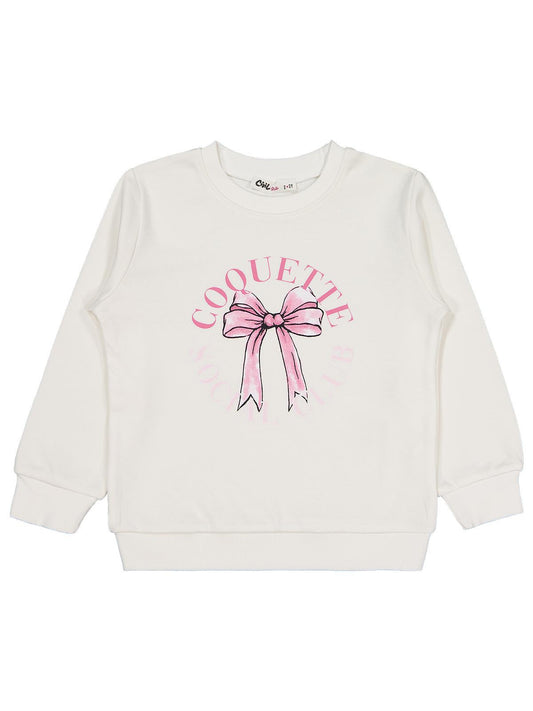 Civil Kız Çocuk Kurdela Baskılı Sweatshirt | İnterlok Uzun Kol | Okul Kreş ve Günlük Kullanım - Ekru
