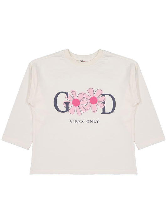 Civil Kız Çocuk Good Baskılı Sweatshirt | Likralı Süprem Şardonlu | Okul Kreş ve Günlük Kullanım - Ekru