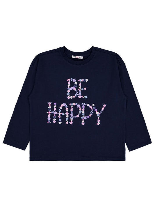 Civil Kız Çocuk Be Happy Baskılı Sweatshirt | Likralı Süprem Şardonlu | Okul Kreş ve Günlük Kullanım - Lacivert
