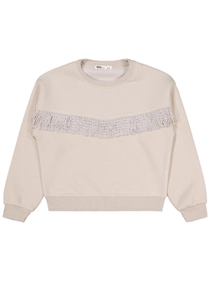 Civil Kız Çocuk Püsküllü Sweatshirt | 3 İp Uzun Kol Bisiklet Yaka | Okul Kreş ve Günlük Kullanım - Bej