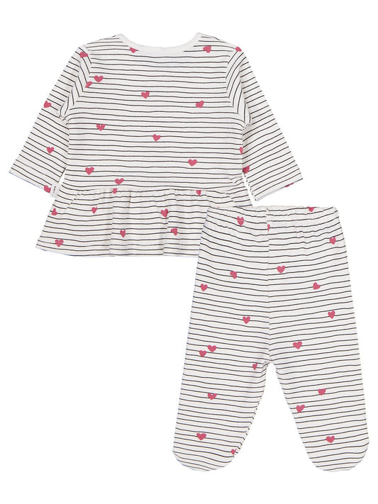 Civil Baby Çizgi Kalp Empirme 1-9 Ay Pijama Takımı - Ekru