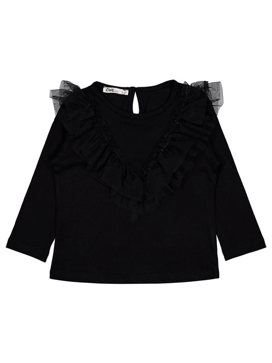 Civil Kız Çocuk Tül Fırfırlı Sweatshirt | Süprem Uzun Kol | Okul Kreş ve Günlük Kullanım - Siyah