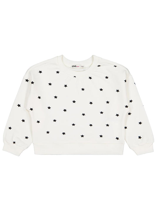 Civil Kız Çocuk Yıldız Baskılı Sweatshirt | 2 İp Uzun Kol | Okul Kreş ve Günlük Kullanım - Ekru