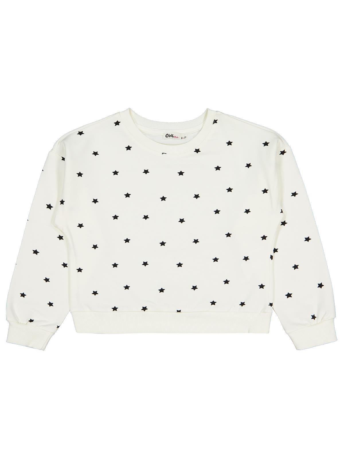 Civil Kız Çocuk Yıldız Baskılı Sweatshirt | 2 İp Uzun Kol | Okul Kreş ve Günlük Kullanım - Ekru