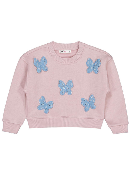 Civil Kız Çocuk Kelebek Aksesuarlı Sweatshirt | 3 İp Uzun Kol | Okul Kreş ve Günlük Kullanım - Pembe