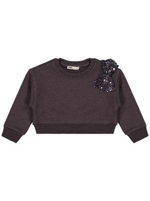 Civil Kız Çocuk Pullu Fiyonklu Sweatshirt | 3 İp Uzun Kol | Okul Kreş ve Günlük Kullanım - Gri