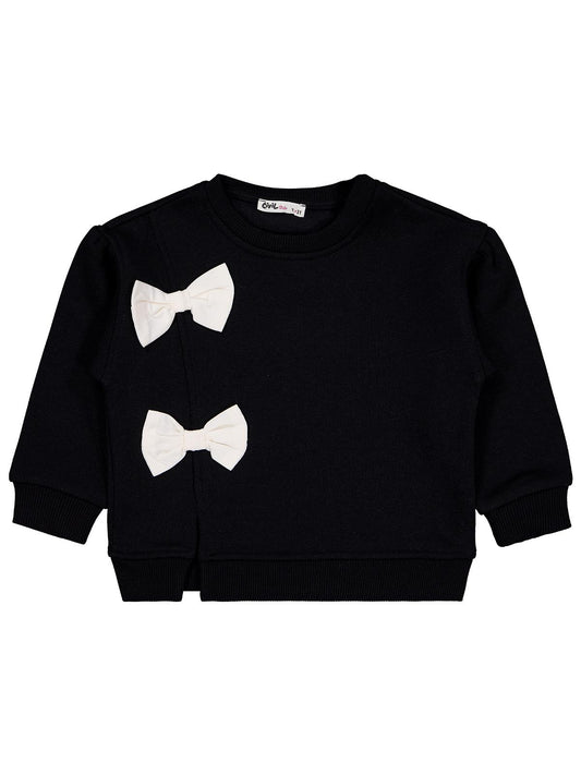 Civil Kız Çocuk Fiyaonklu Sweatshirt | 3 İp Uzun Kol Bisiklet Yaka | Okul Kreş ve Günlük Kullanım - Siyah