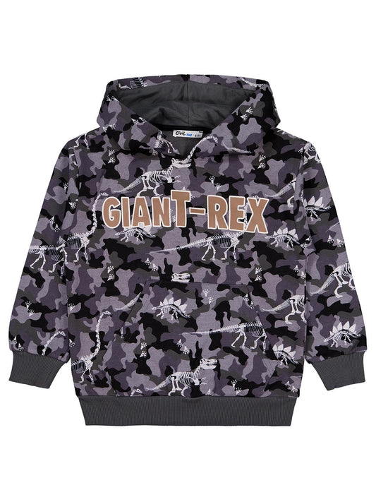 Civil Erkek Çocuk Giant Rex Baskılı Kapşonlu Sweatshirt | Okul Kreş ve Günlük Kullanım - Gri
