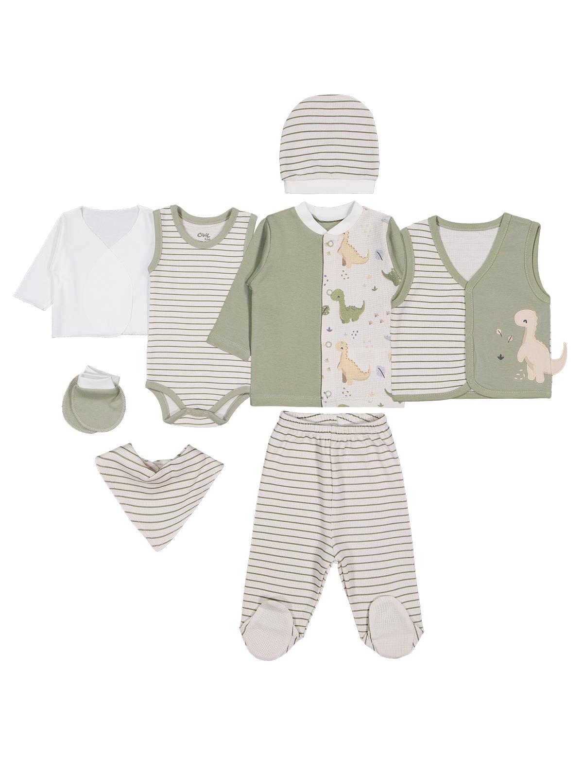Civil Baby Dino Baskılı 8 li 0-1 Ay Zıbın Setleri - Yeşil