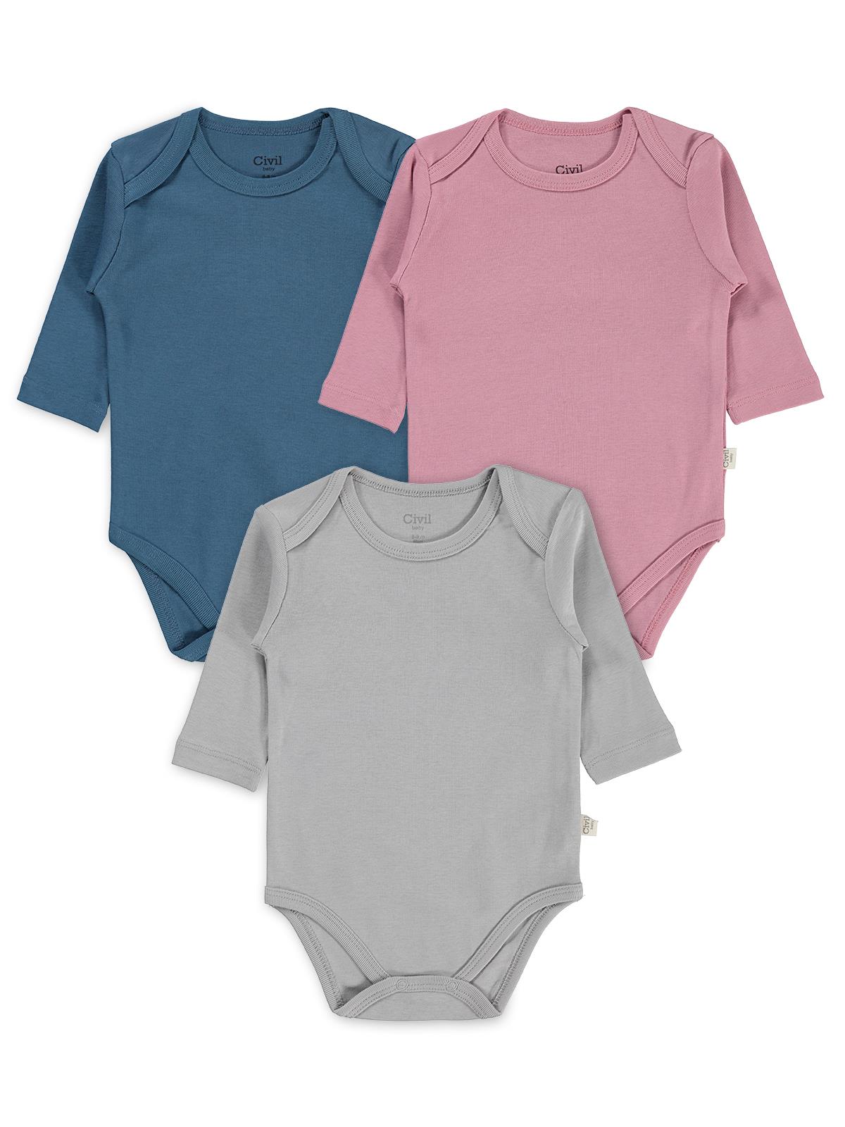 Civil Baby 3 lü Basıc Uzun Kol 0-36 Ay Çıtçıtlı Badi - Gri