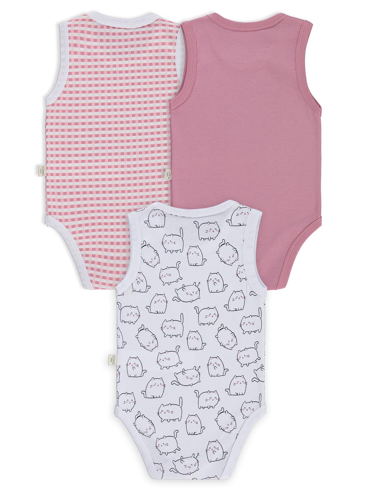 Civil Baby 3 lü Kedi Empirmeli Sıfır Kol 0-36 Ay Çıtçıtlı Badi - Beyaz