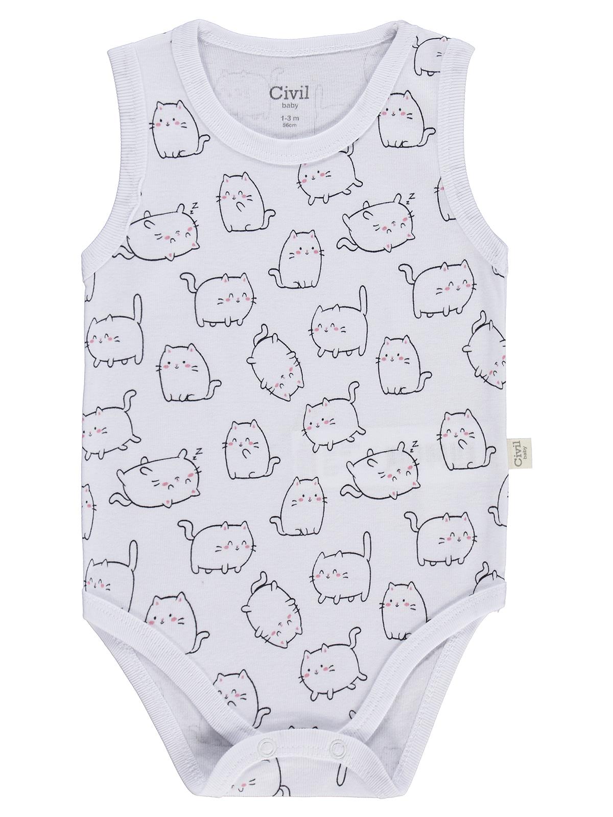 Civil Baby 3 lü Kedi Empirmeli Sıfır Kol 0-36 Ay Çıtçıtlı Badi - Beyaz