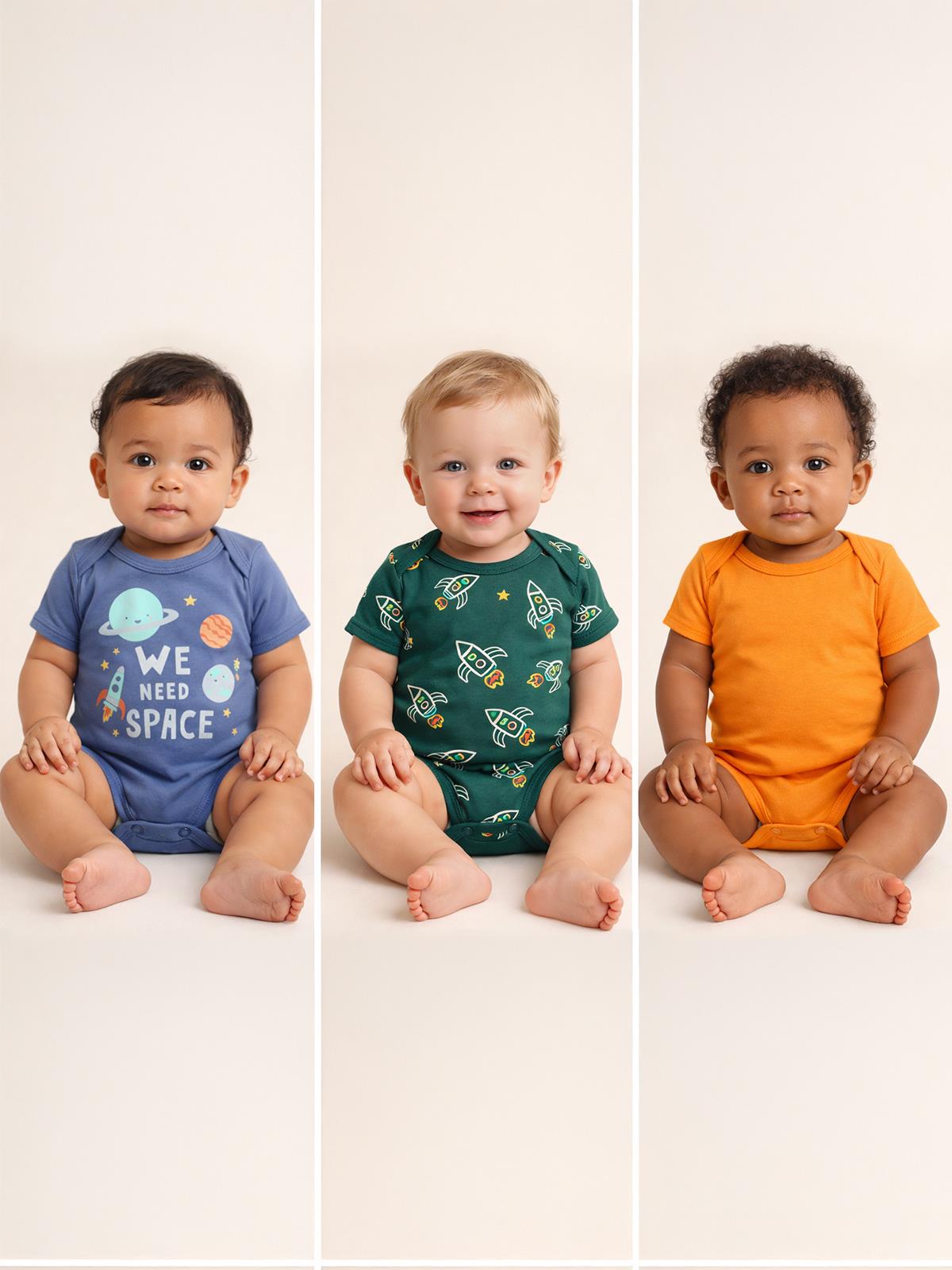 Civil Baby 3 lü Roket Empirmeli Kısa Kol 0-36 Ay Çıtçıtlı Badi - Yeşil