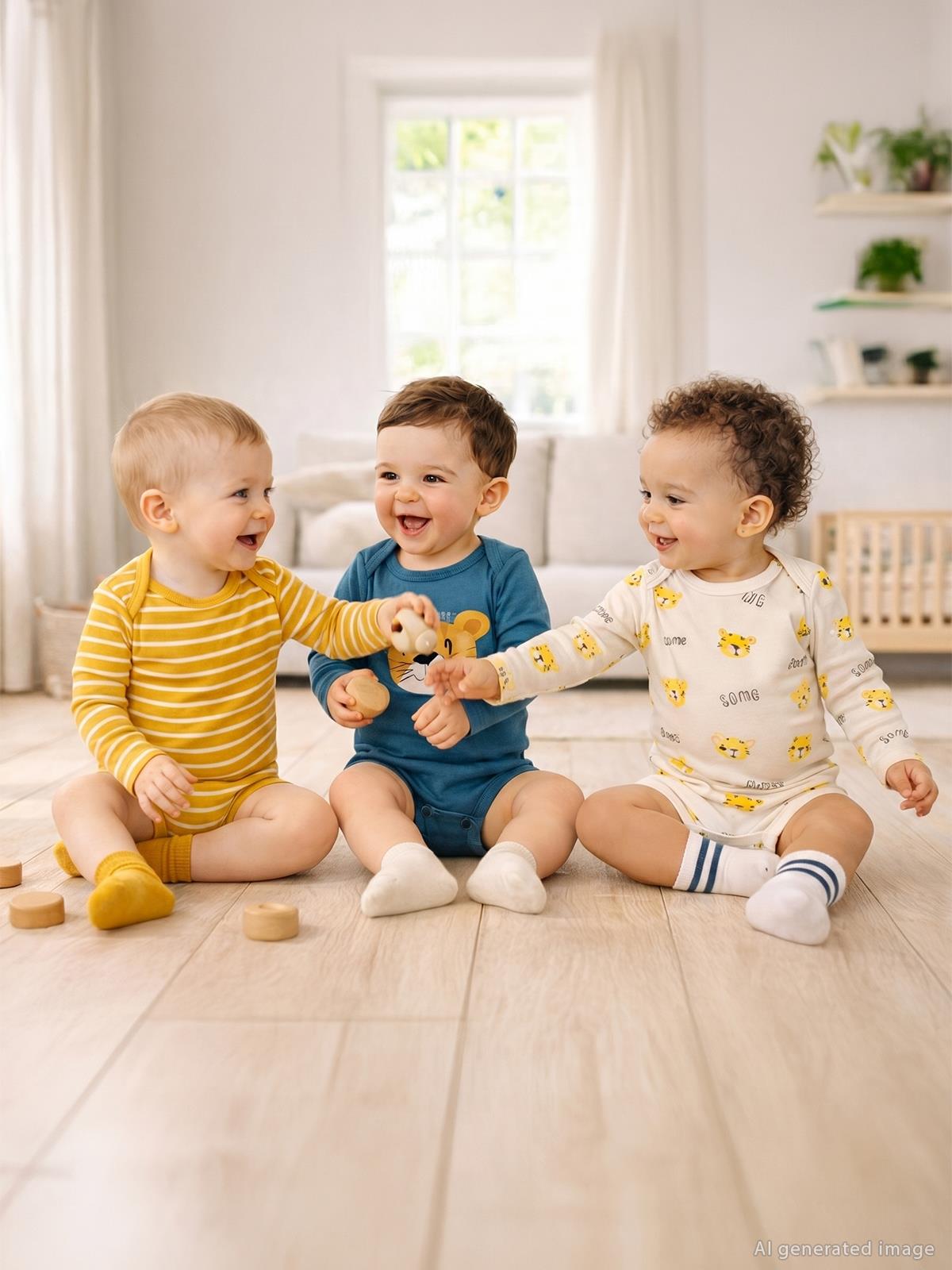Civil Baby 3 lü Aslan Empirmeli Uzun Kol 0-36 Ay Çıtçıtlı Badi - Hardal