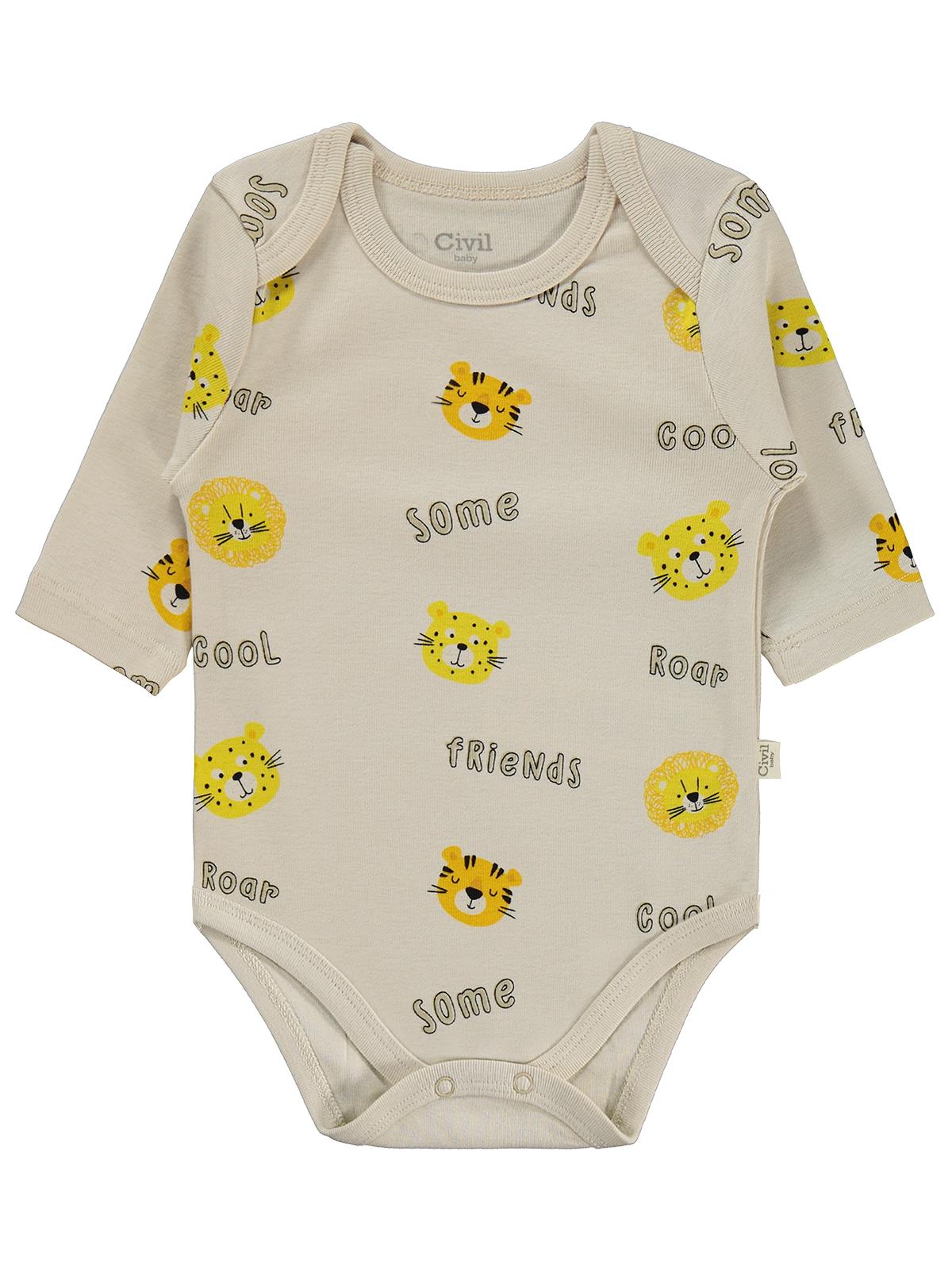 Civil Baby 3 lü Aslan Empirmeli Uzun Kol 0-36 Ay Çıtçıtlı Badi - Hardal