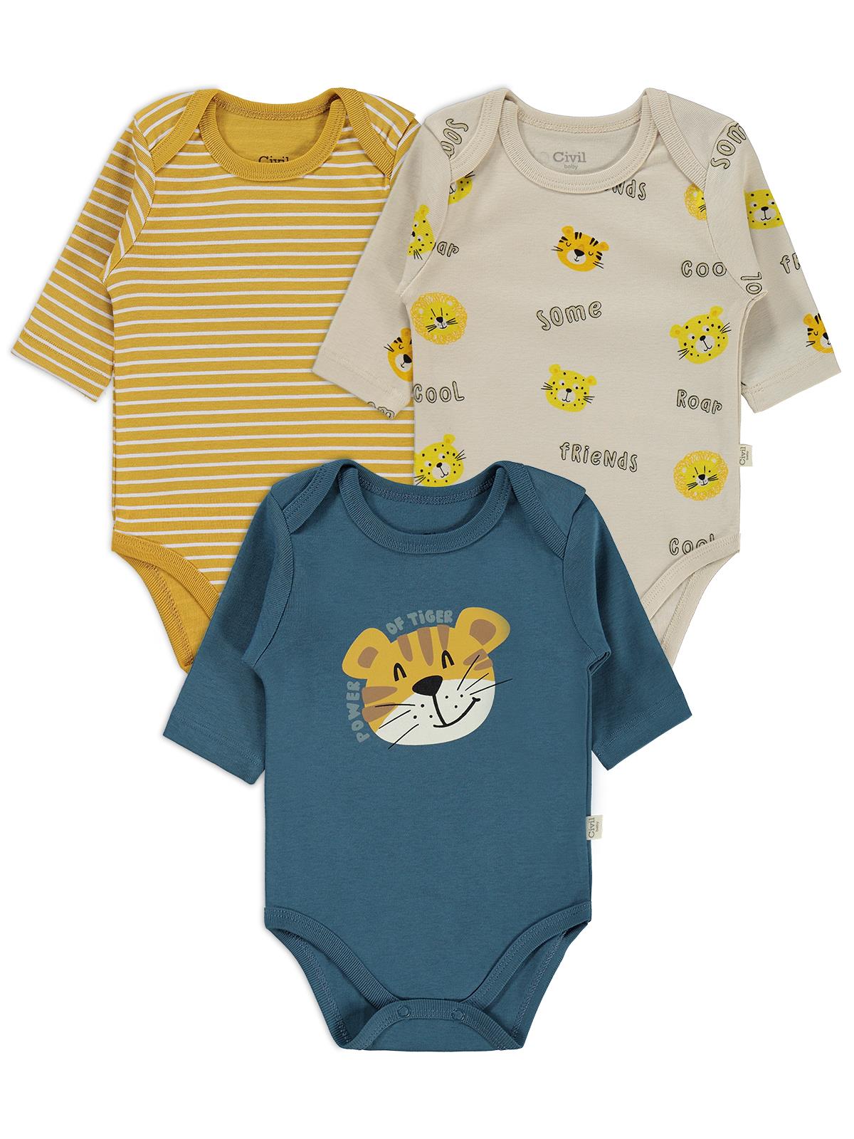 Civil Baby 3 lü Aslan Empirmeli Uzun Kol 0-36 Ay Çıtçıtlı Badi - Hardal