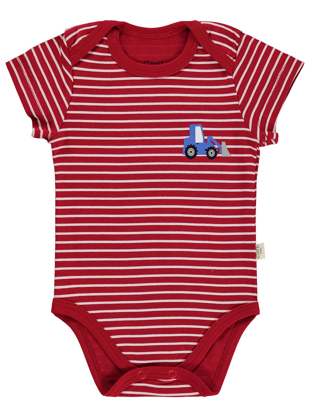 Civil Baby 5 li Araç Baskılı Çizgi Empirmeli Kısa Kol 0-36 Ay Çıtçıtlı Badi - Kırmızı