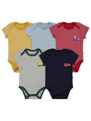Civil Baby 5 li Araç Baskılı Çizgi Empirmeli Kısa Kol 0-36 Ay Çıtçıtlı Badi - Kırmızı