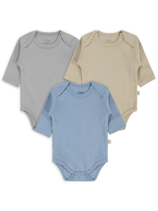 Civil Baby 3 lü Basıc Uzun Kol 0-36 Ay Çıtçıtlı Badi - Kahverengi