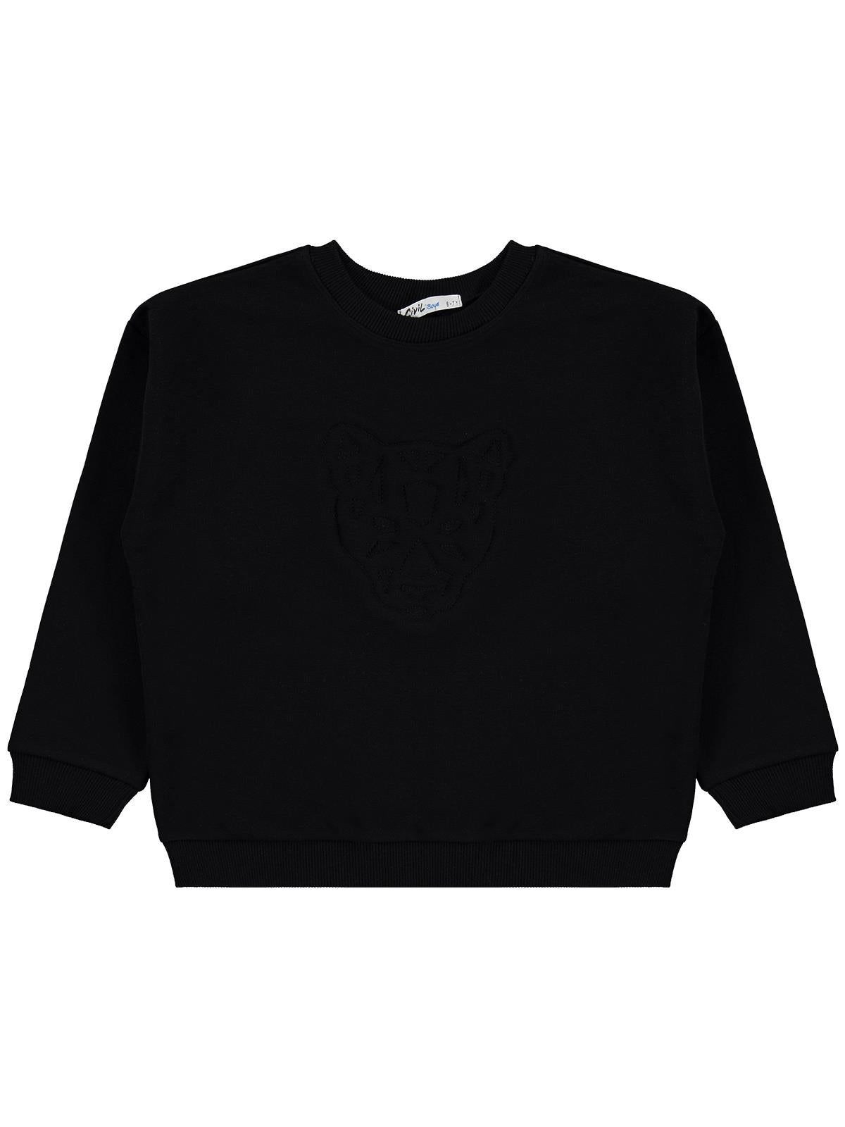 Civil Erkek Çocuk Aslan Nakışlı Sweatshirt | 3 İp Uzun Kol | Okul Kreş ve Günlük Kullanım - Siyah