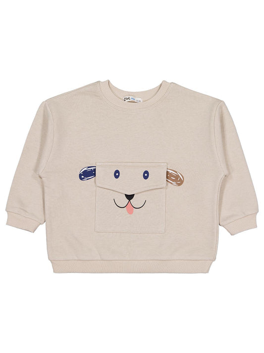 Civil Erkek Çocuk Cep Köpek Nakışlı Sweatshirt | 3 İp Uzun Kol | Okul Kreş ve Günlük Kullanım - Bej