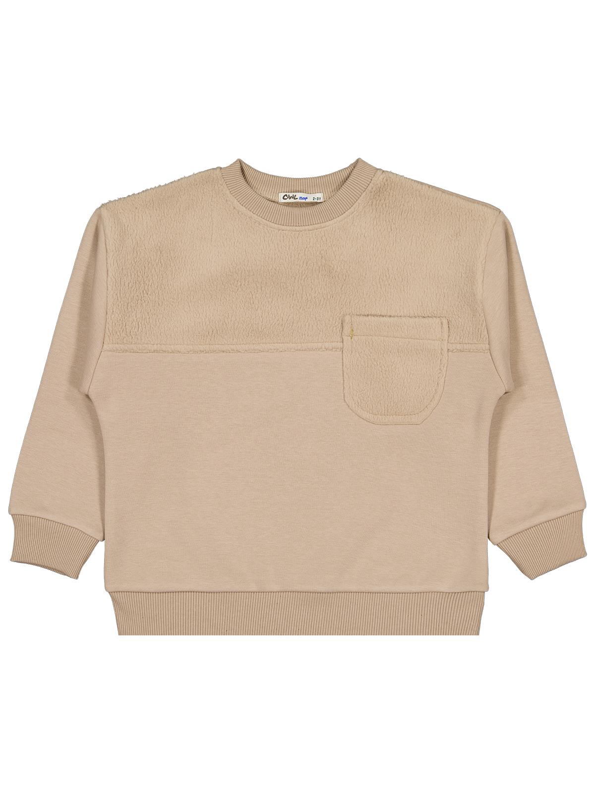 Civil Erkek Çocuk Peluş Garnili Sweatshirt | 3 İp Uzun Kol | Okul Kreş ve Günlük Kullanım - Kahverengi