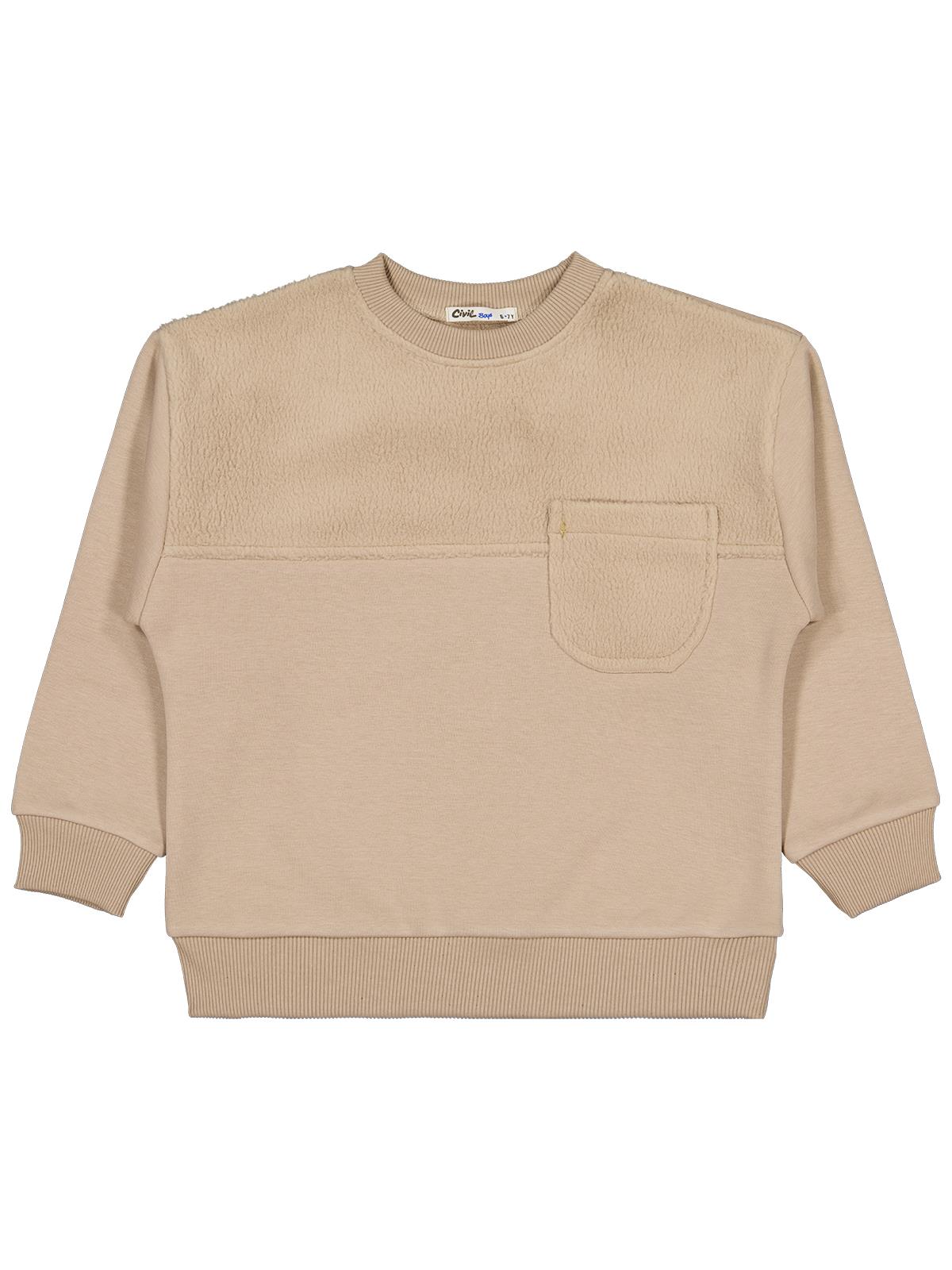 Civil Erkek Çocuk Peluş Garnili Sweatshirt | 3 İp Uzun Kol | Okul Kreş ve Günlük Kullanım - Kahverengi