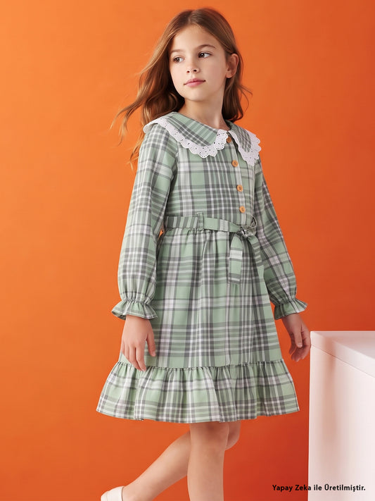 Civil Girls Ekose Desenli 6-9 Yaş Elbise - Yeşil