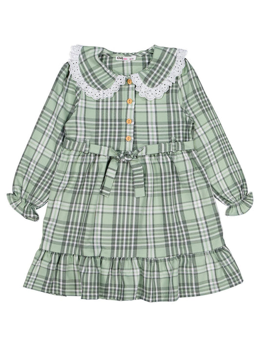 Civil Girls Ekose Desenli 6-9 Yaş Elbise - Yeşil