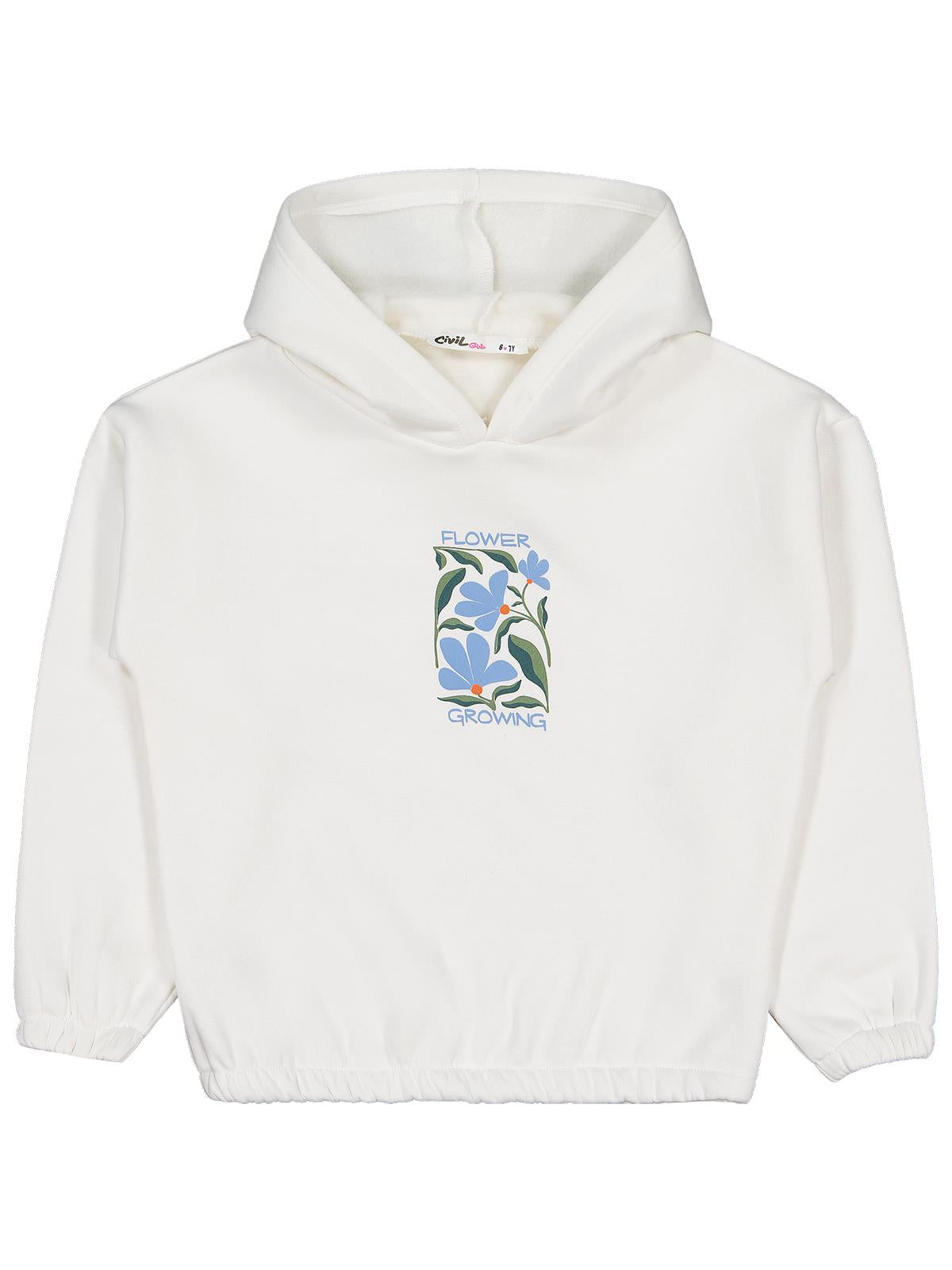 Civil Kız Çocuk Flower Baskılı Sweatshirt | 3 İp Uzun Kol Kapşonlu | Okul Kreş ve Günlük Kullanım - Ekru