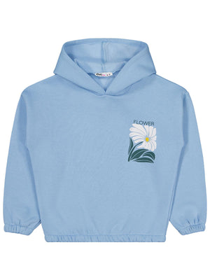 Civil Kız Çocuk Flower Baskılı Sweatshirt | 3 İp Uzun Kol Kapşonlu | Okul Kreş ve Günlük Kullanım - Mavi