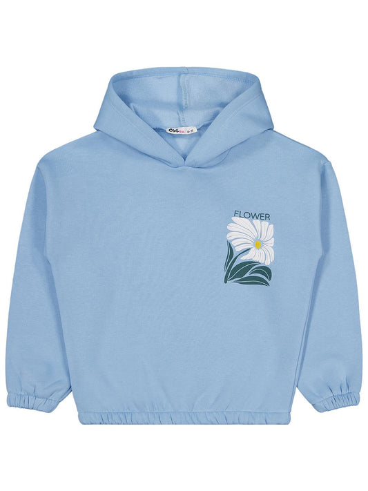 Civil Kız Çocuk Flower Baskılı Sweatshirt | 3 İp Uzun Kol Kapşonlu | Okul Kreş ve Günlük Kullanım - Mavi