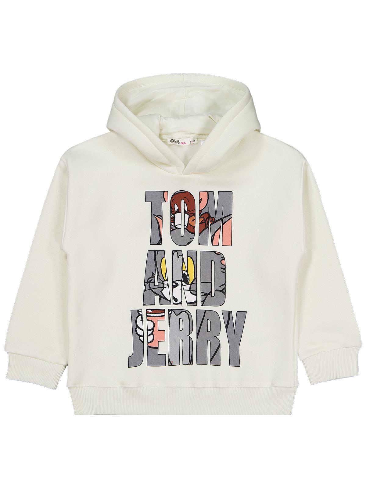Tom And Jerry Sweatshirt | 3 İp Uzun Kol Kapşonlu Baskılı | Okul Kreş ve Günlük Kullanım - Ekru