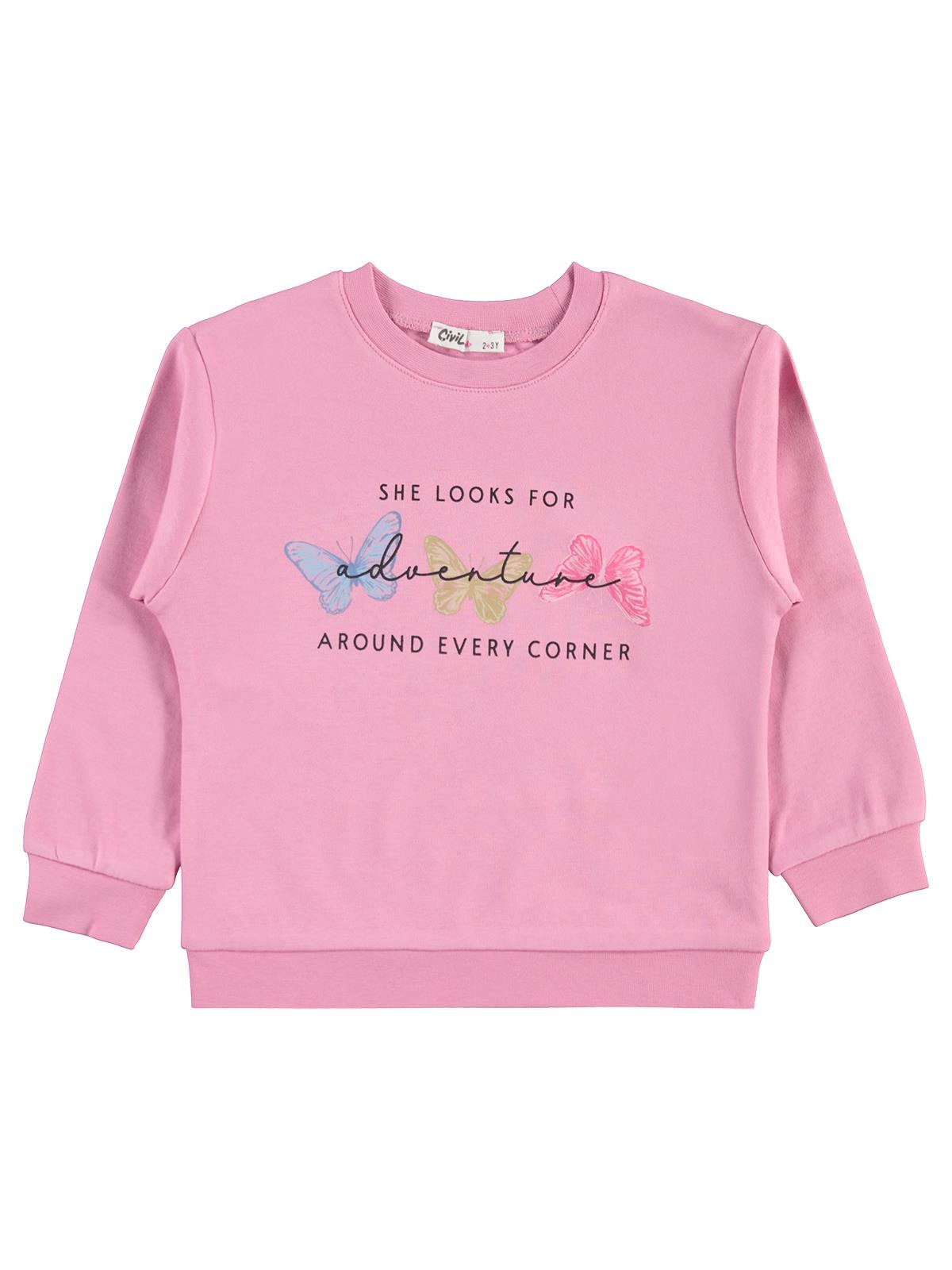 Civil Kız Çocuk Renkli Kelebek Baskılı Sweatshirt | İnterlok Uzun Kol | Okul Kreş ve Günlük Kullanım - Pembe