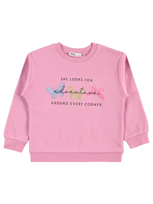 Civil Kız Çocuk Renkli Kelebek Baskılı Sweatshirt | İnterlok Uzun Kol | Okul Kreş ve Günlük Kullanım - Pembe