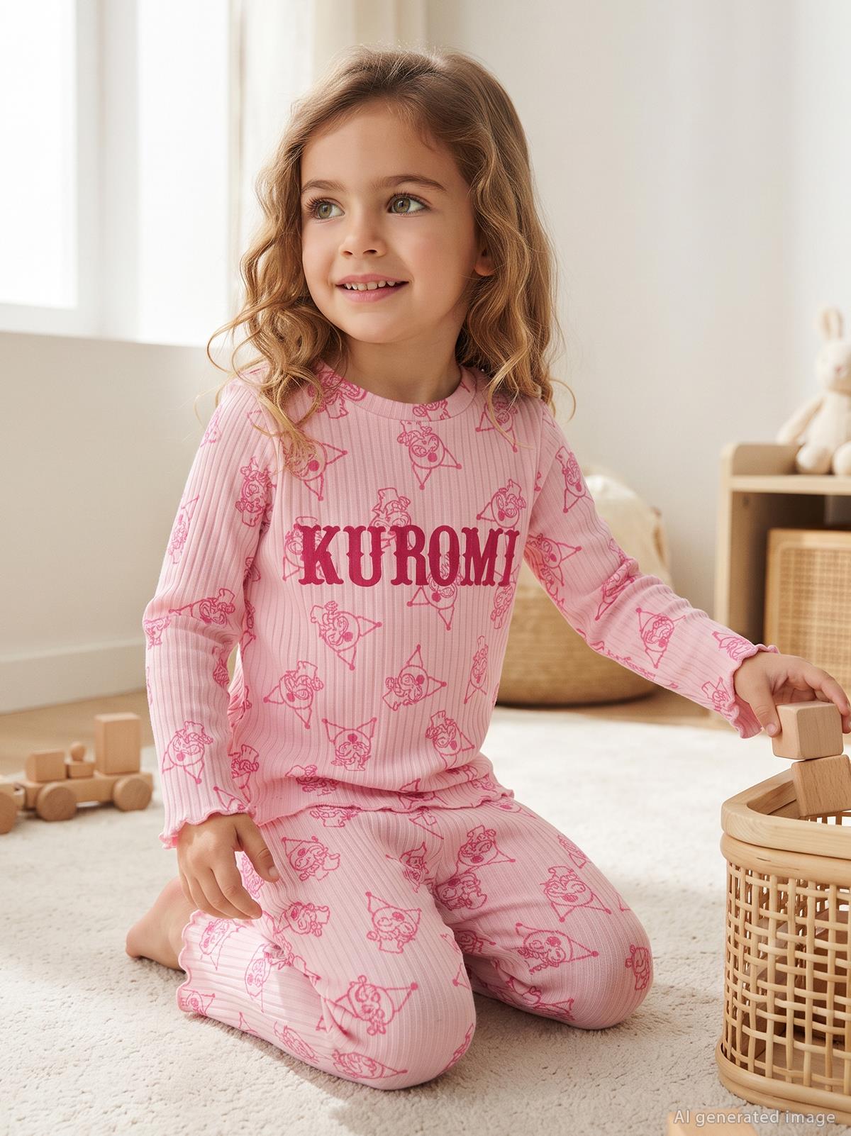 Kuromi Pijama Takımı | Kaşkorse Uzun Kol Bisiklet Yaka Baskılı | Okul Kreş ve Günlük Kullanım - Pembe