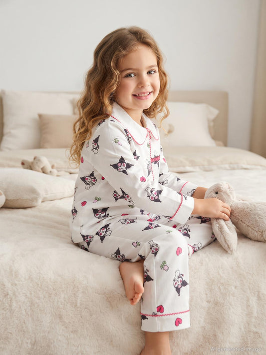 Kuromi Pijama Takımı | Süprem-Süprem Uzun Kol Gömlek Yaka - Polo | Okul Kreş ve Günlük Kullanım - Ekru