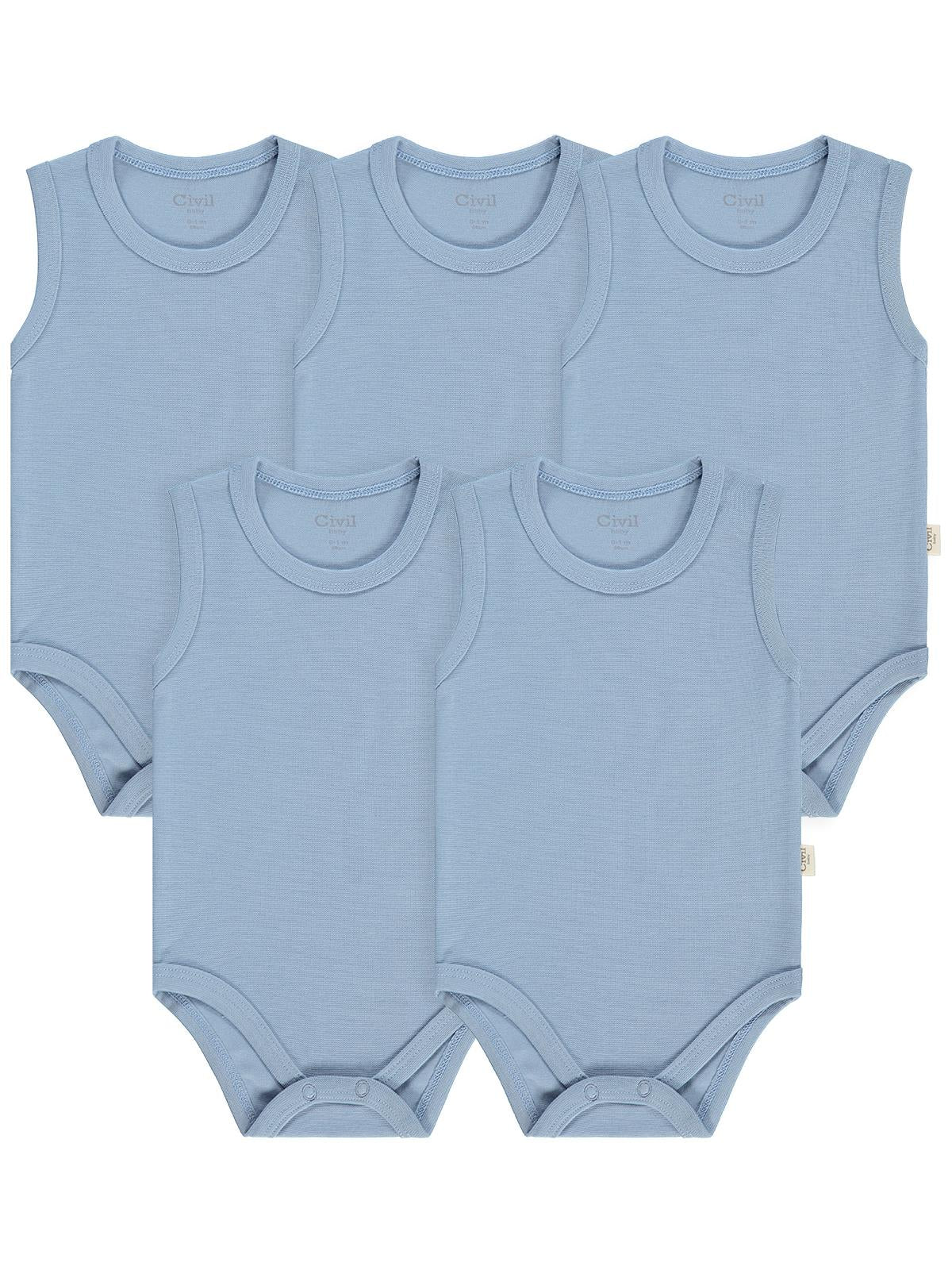 Civil Baby 5 li Organik Sıfır Kol 0-36 Ay Çıtçıtlı Badi - Mavi