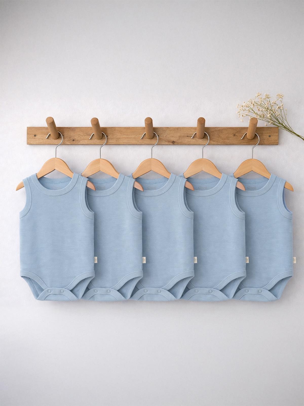 Civil Baby 5 li Organik Sıfır Kol  Çıtçıtlı Badi - Mavi