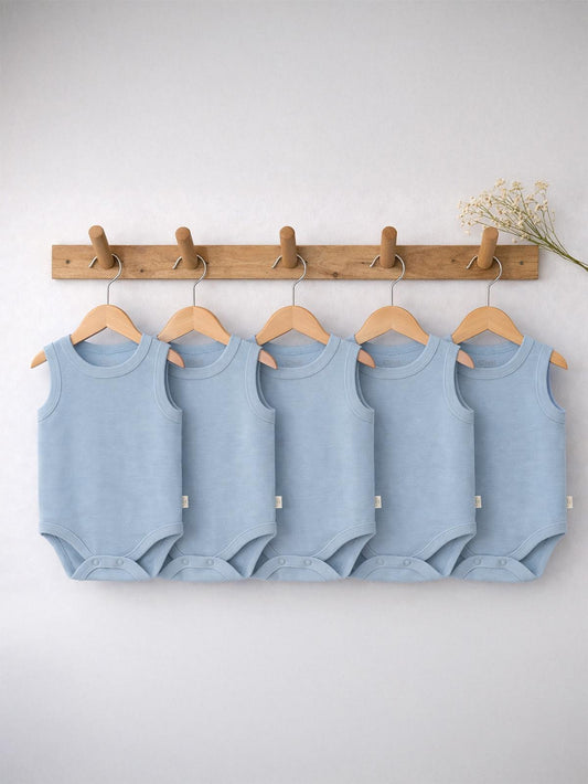 Civil Baby 5'li Organik Çıtçıtlı Badi Seti | Pamuklu Kolsuz | Ribana Bebek Atlet - Mavi