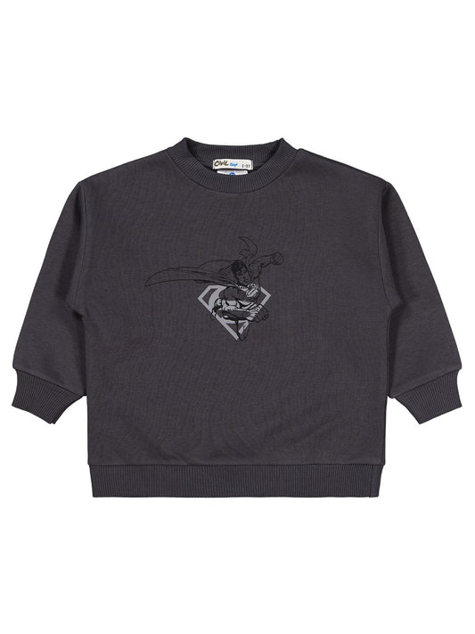 Superman Logo Baskılı Sweatshirt | 3 İp Uzun Kol Bisiklet Yaka | Okul Kreş ve Günlük Kullanım - Gri