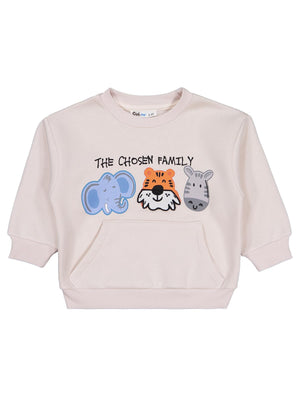 Civil Erkek Çocuk Üç Kafadar Baskılı-Nakışlı Sweatshirt | 3 İp | Okul Kreş ve Günlük Kullanım - Bej