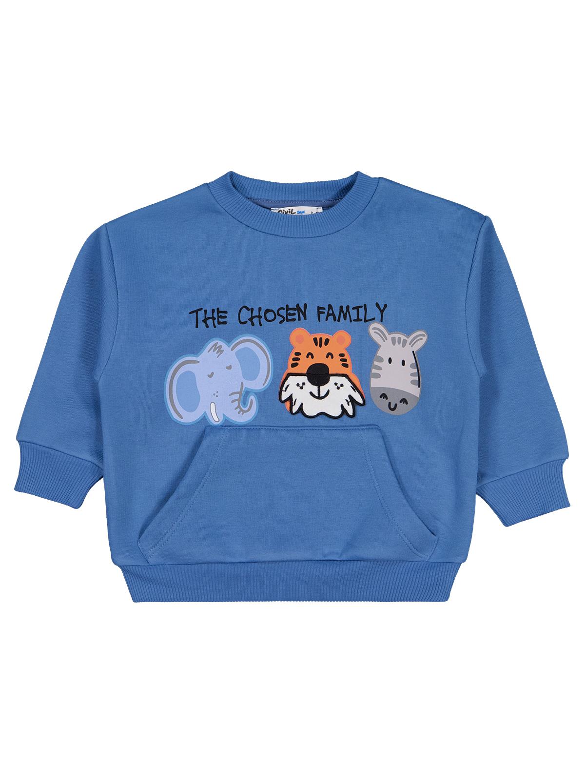 Civil Erkek Çocuk Üç Kafadar Baskılı-Nakışlı Sweatshirt | 3 İp | Okul Kreş ve Günlük Kullanım - Mavi