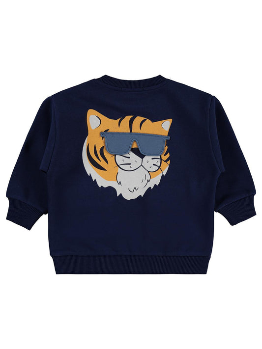 Civil Erkek Çocuk Tiger Baskı-Nakışlı Sweatshirt | 3 İp Uzun Kol | Okul Kreş ve Günlük Kullanım - Lacivert