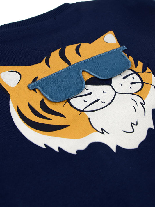 Civil Erkek Çocuk Tiger Baskı-Nakışlı Sweatshirt | 3 İp Uzun Kol | Okul Kreş ve Günlük Kullanım - Lacivert