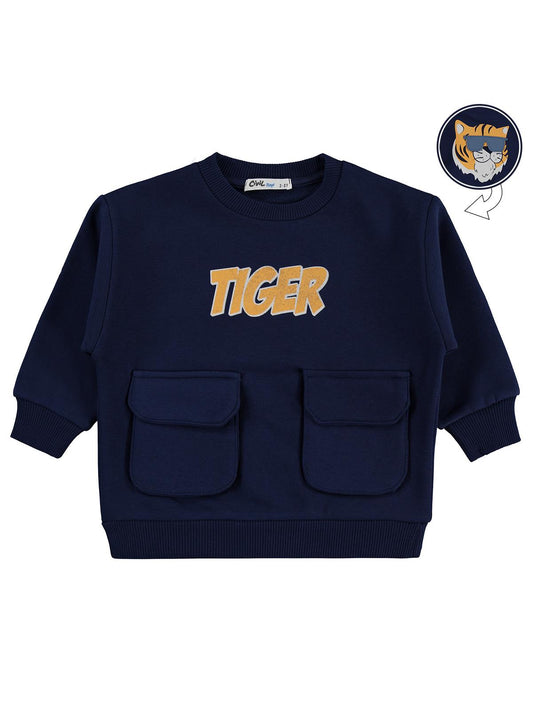 Civil Erkek Çocuk Tiger Baskı-Nakışlı Sweatshirt | 3 İp Uzun Kol | Okul Kreş ve Günlük Kullanım - Lacivert
